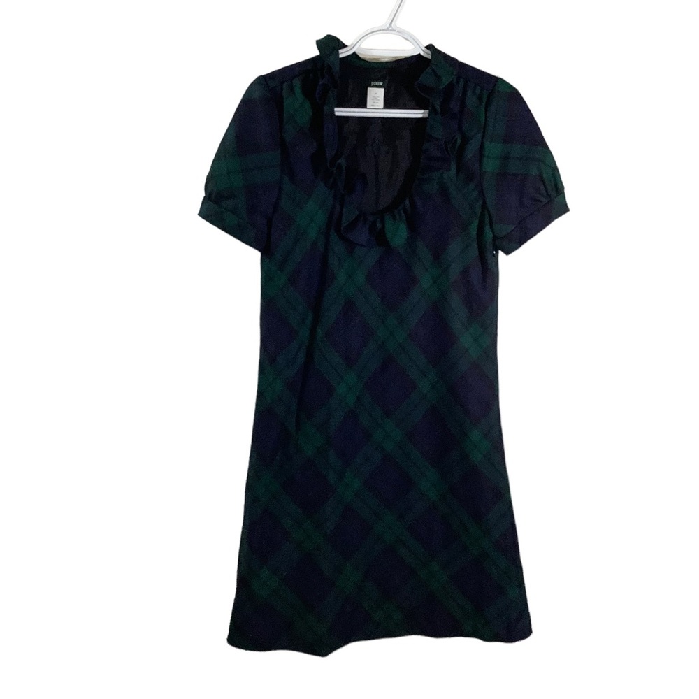J. Crew Green Tartan Plaid Wool Ruffle Short Sleeve Dress